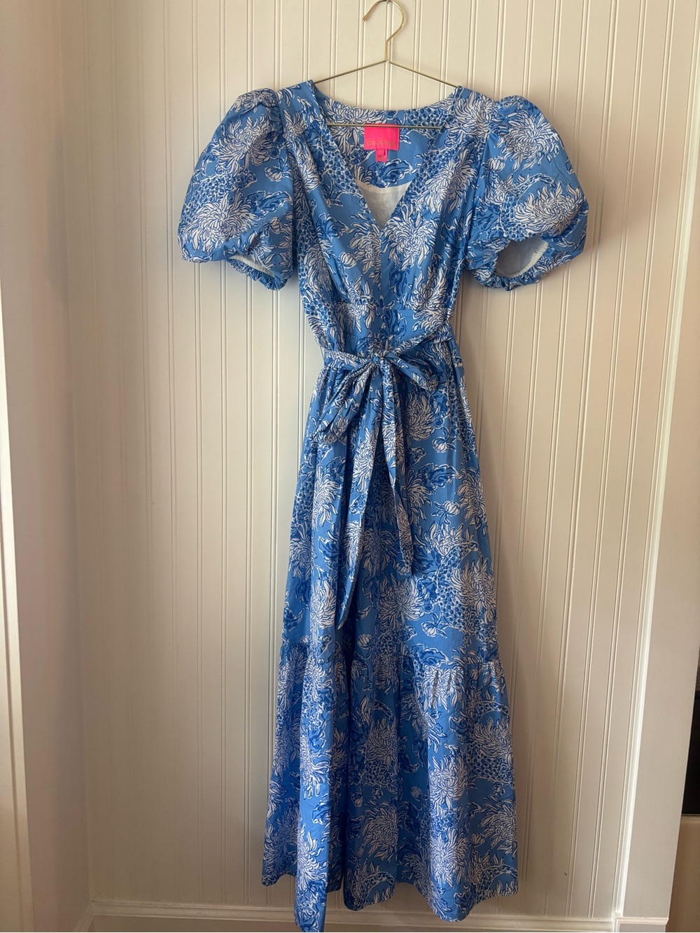 LILLY PULITZER Blue Floral Wrap Maxi Dress with Puff Sleeves